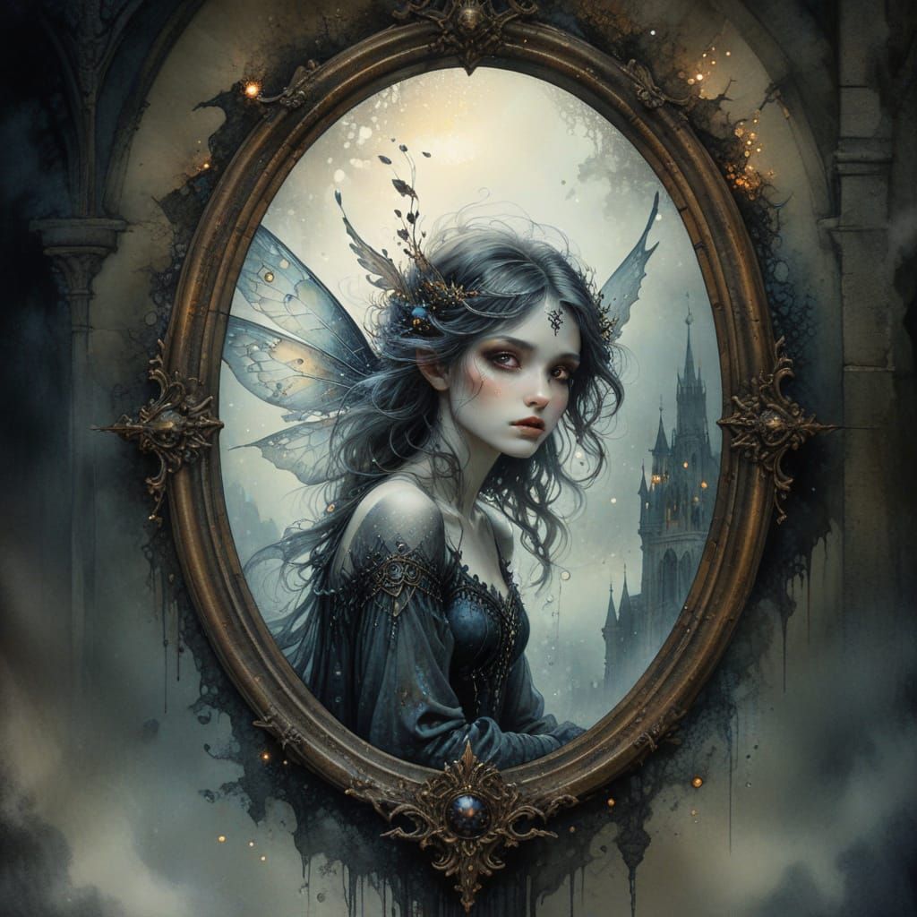 Dark Fairy Perched Atop Crumbling Cathedral