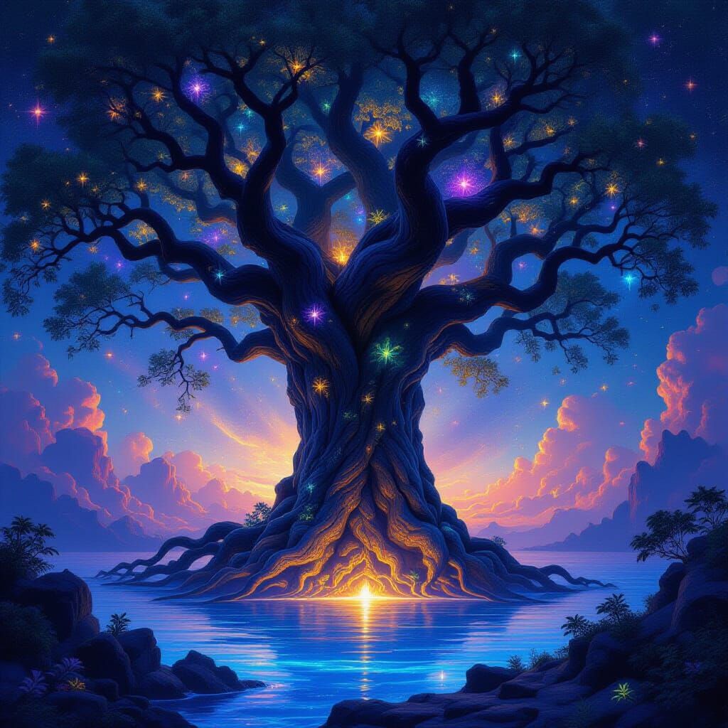 Ancient Cosmic Tree Amidst Nebulae and Stars