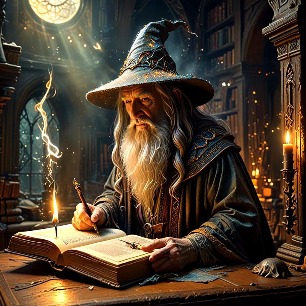 Gandalf Unfolds Mystical Tomes in Ethereal Fantasy