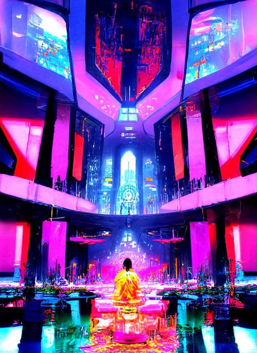 Cyberpunk Temple Sanctuary: Futuristic Digital Illustration