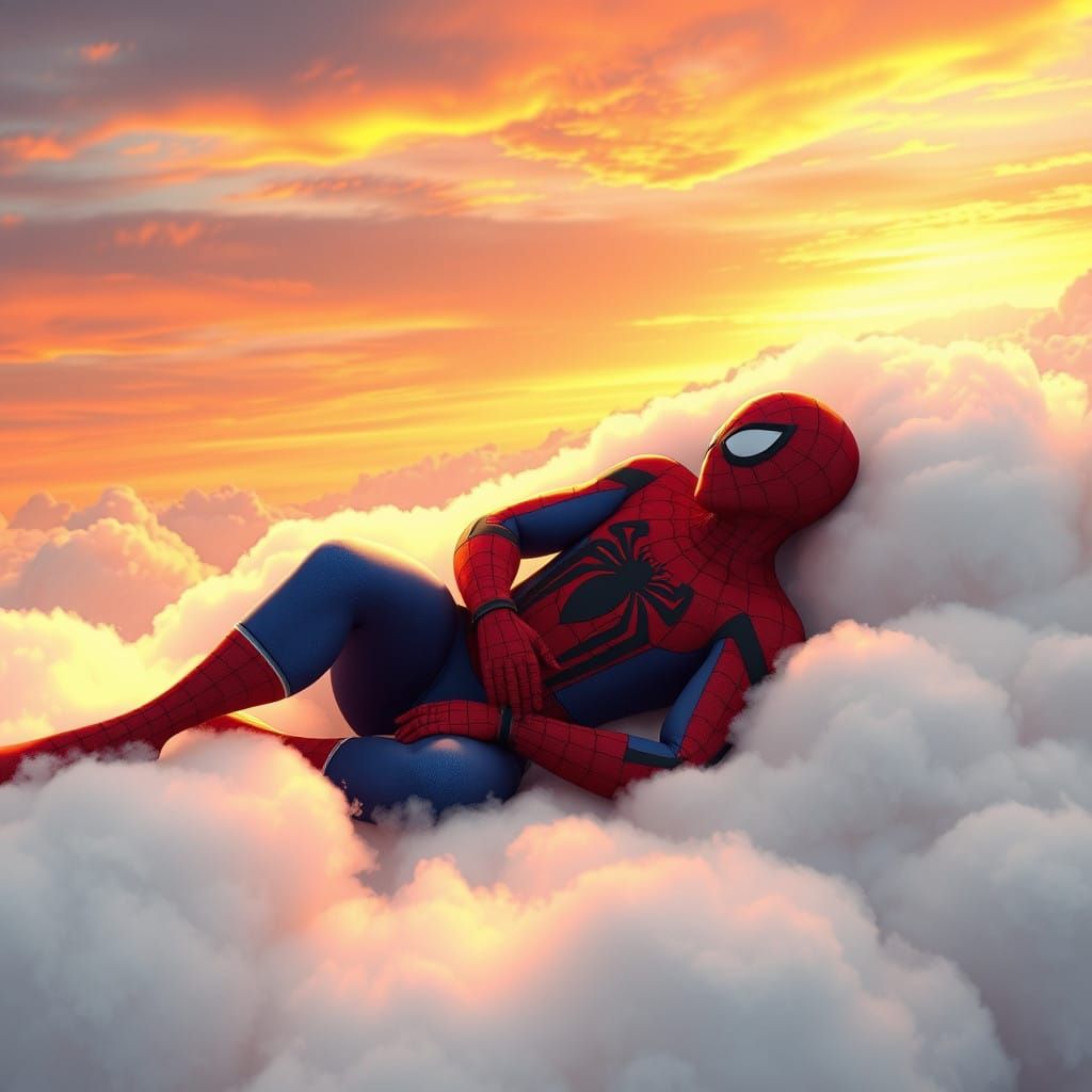 Serene Spider-Man in 3D Anime Art Style on a Sunset Cloud