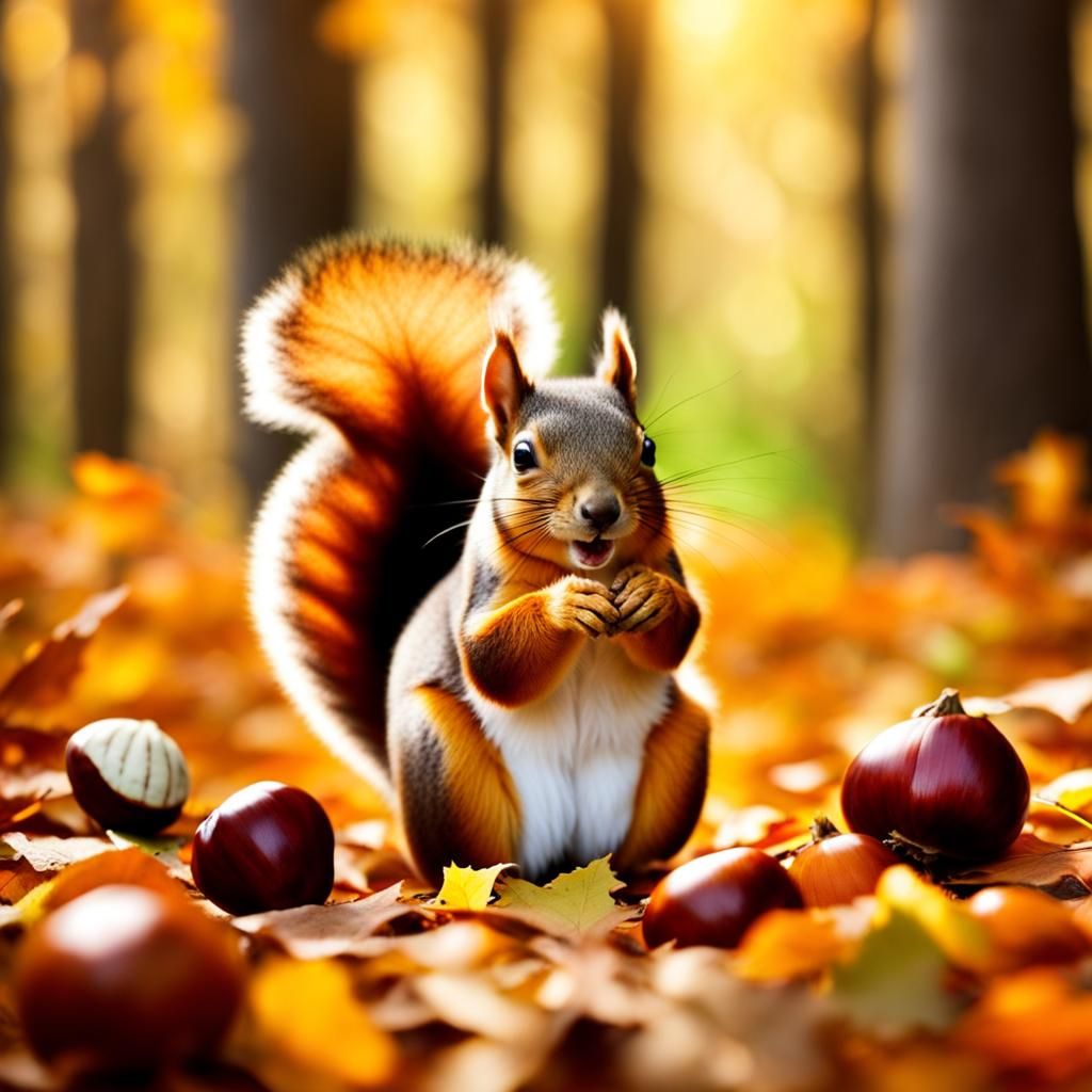 Cute Squirrel in Autumn Forest, Kawaii Style