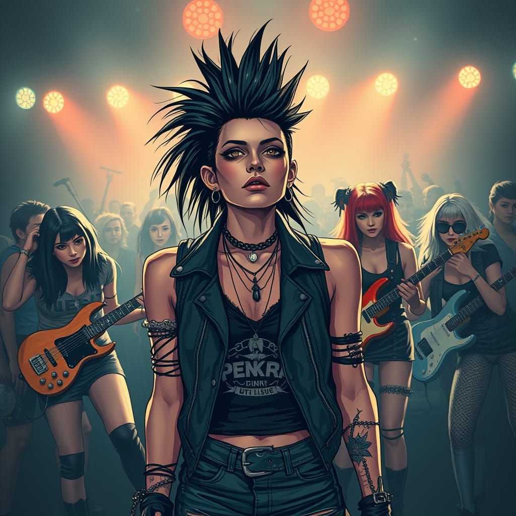 Punk Rock Icon in Ripped Clothing, Surrounded by Girl Band a...