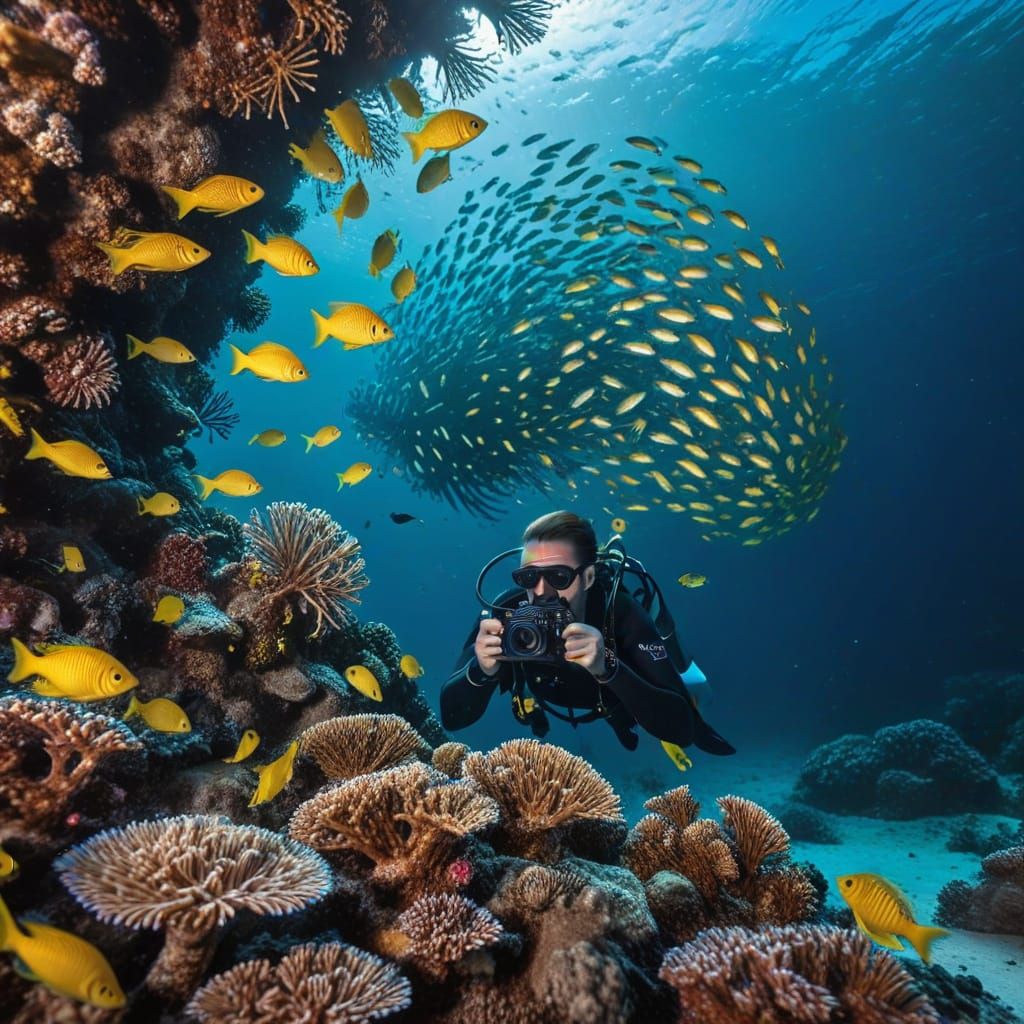 Underwater Photography of Diver and Iridescent Fish