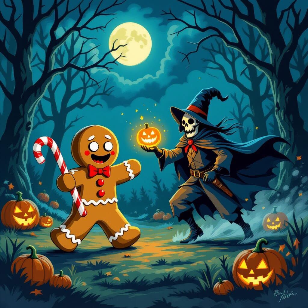 Gingerbread Man Battles Headless Rider in Spooky Forest