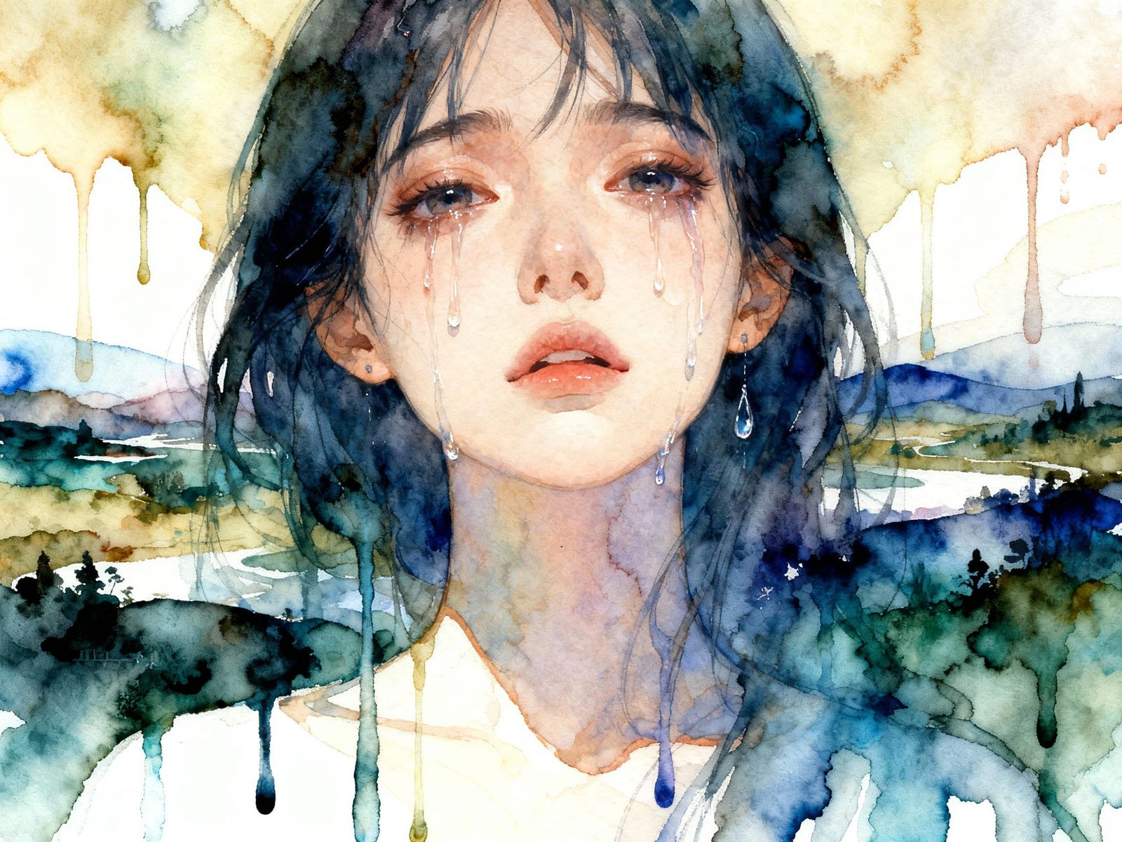 Woman's Emotional Portrait in Dreamscape Watercolor