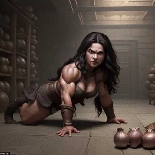 Dwarven Woman Doing Pushups in Onion Room