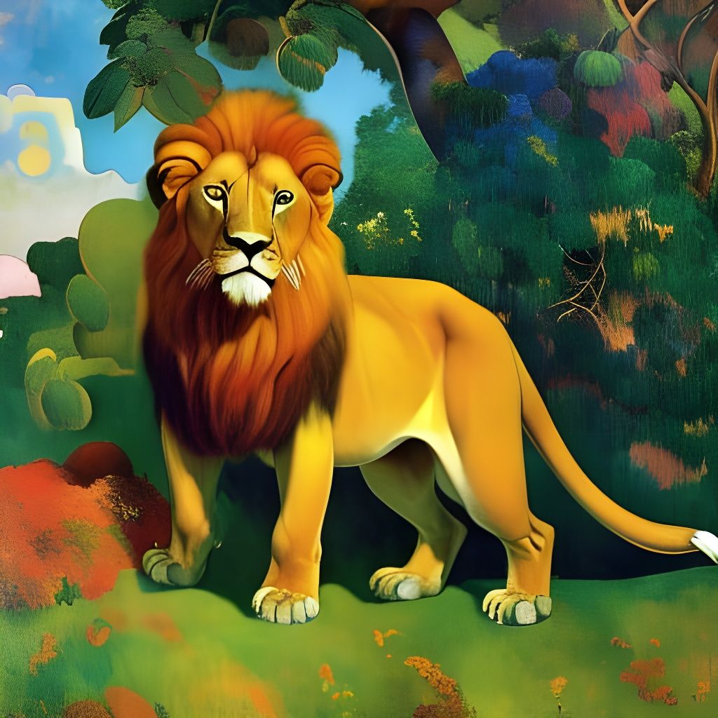 Cute Lion Cub Inspired by Gauguin and Parrish