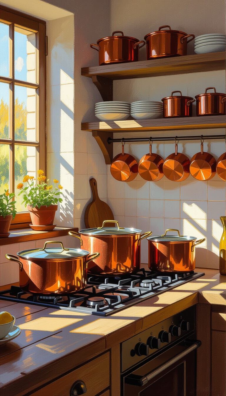 Sunlit Kitchen with Copper Pots and Wooden Shelves in Oil Pa...