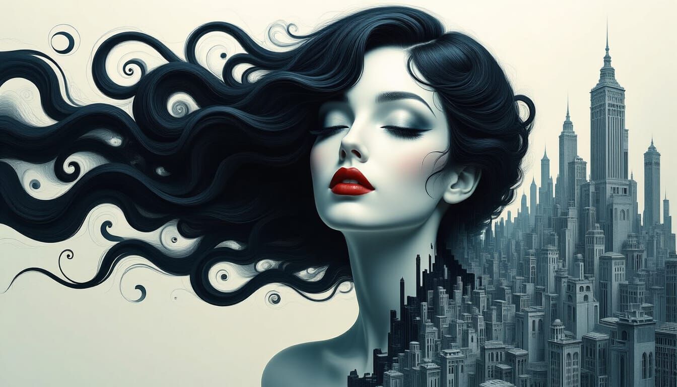 Surreal Cityscape Portrait in Ink Painting Style