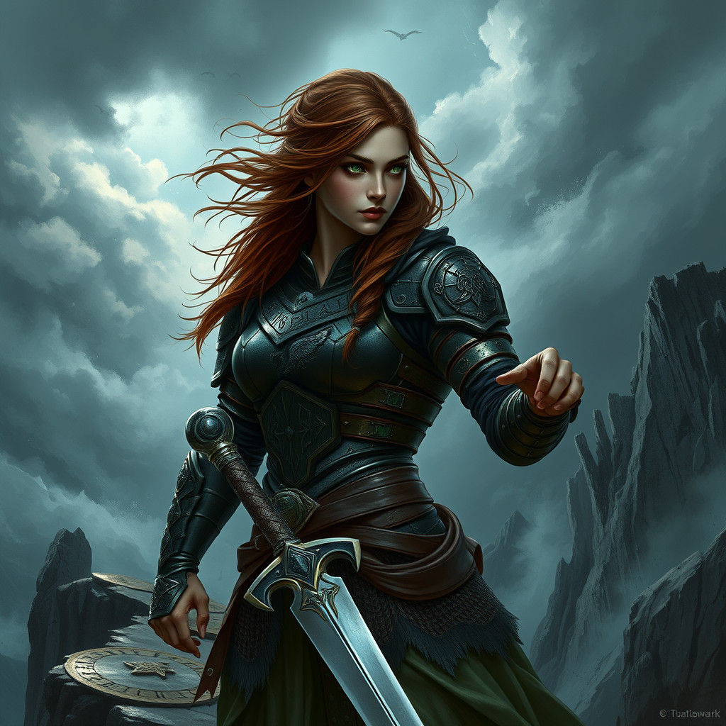 Stoic Warrior Woman in Stormy Landscape, Gritty Futurism