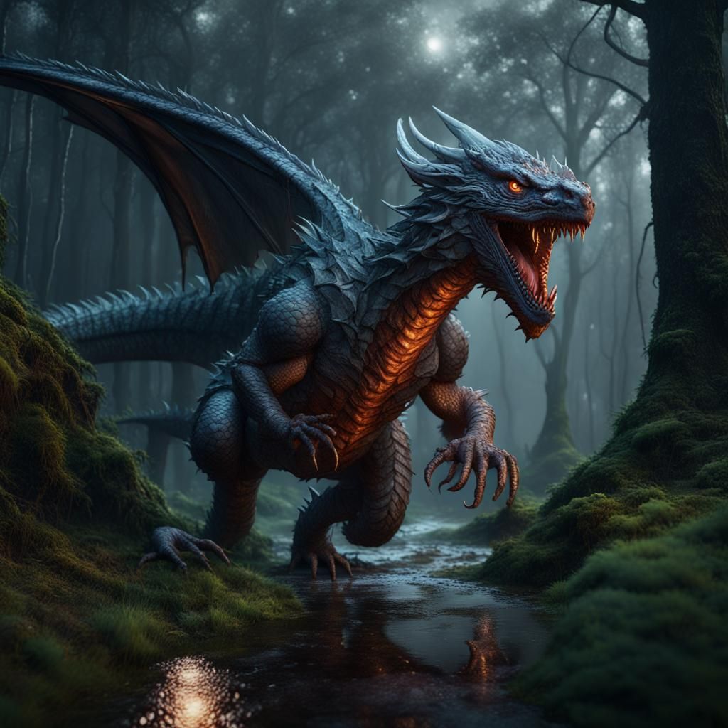 Land Dragons Running Through Rainy Forest