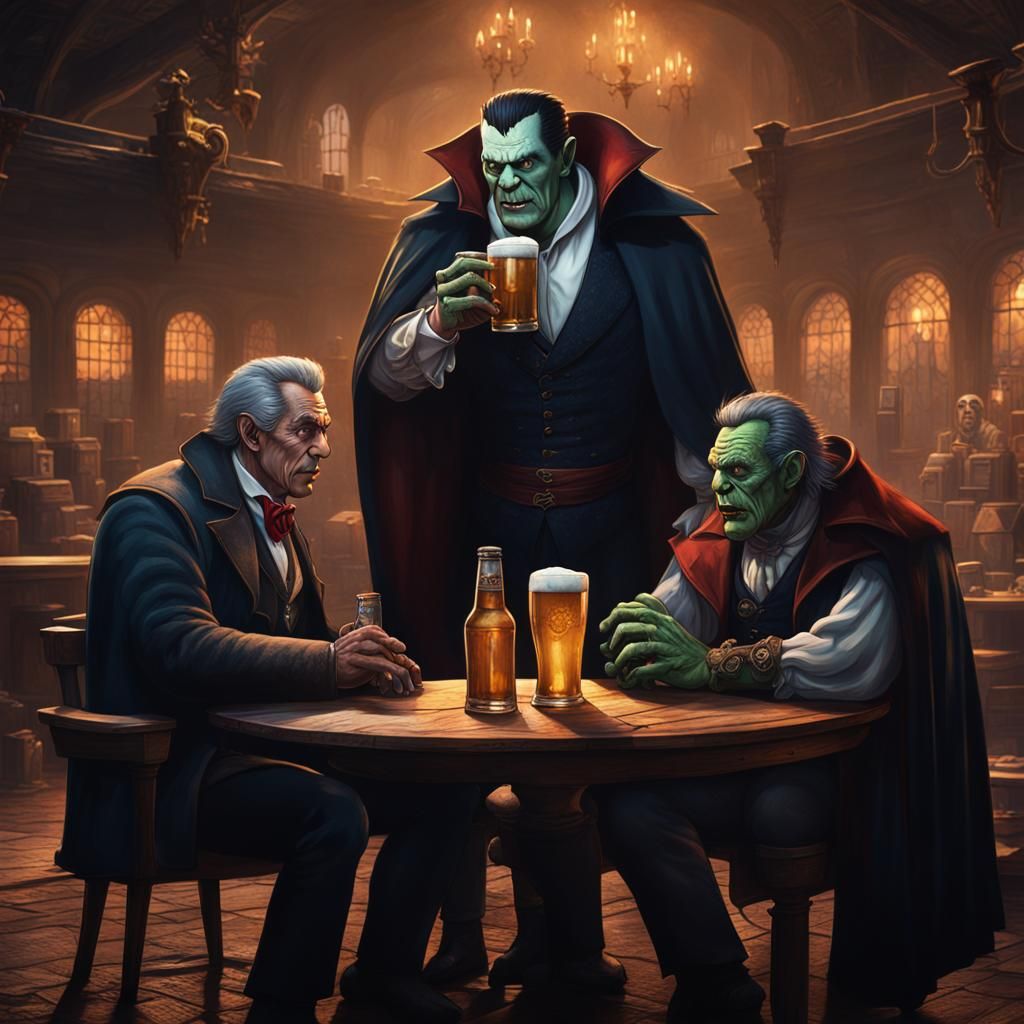 Dracula, Frankenstein, and Werewolf Enjoying Beers
