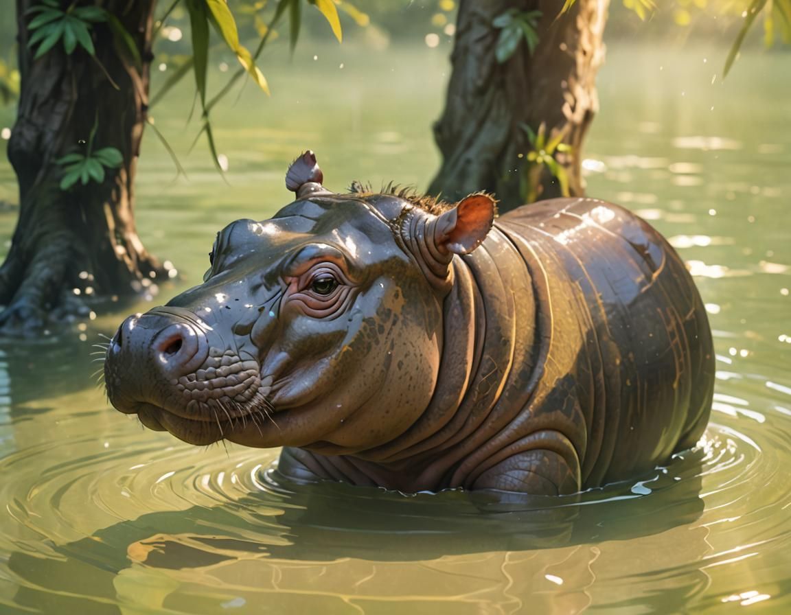 Hippo Portrait in Golden Sunlight: Wildlife Illustration
