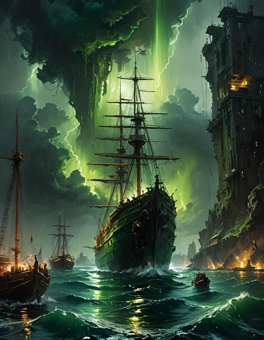 Atlantis Emits Green Light in Stormy Sea