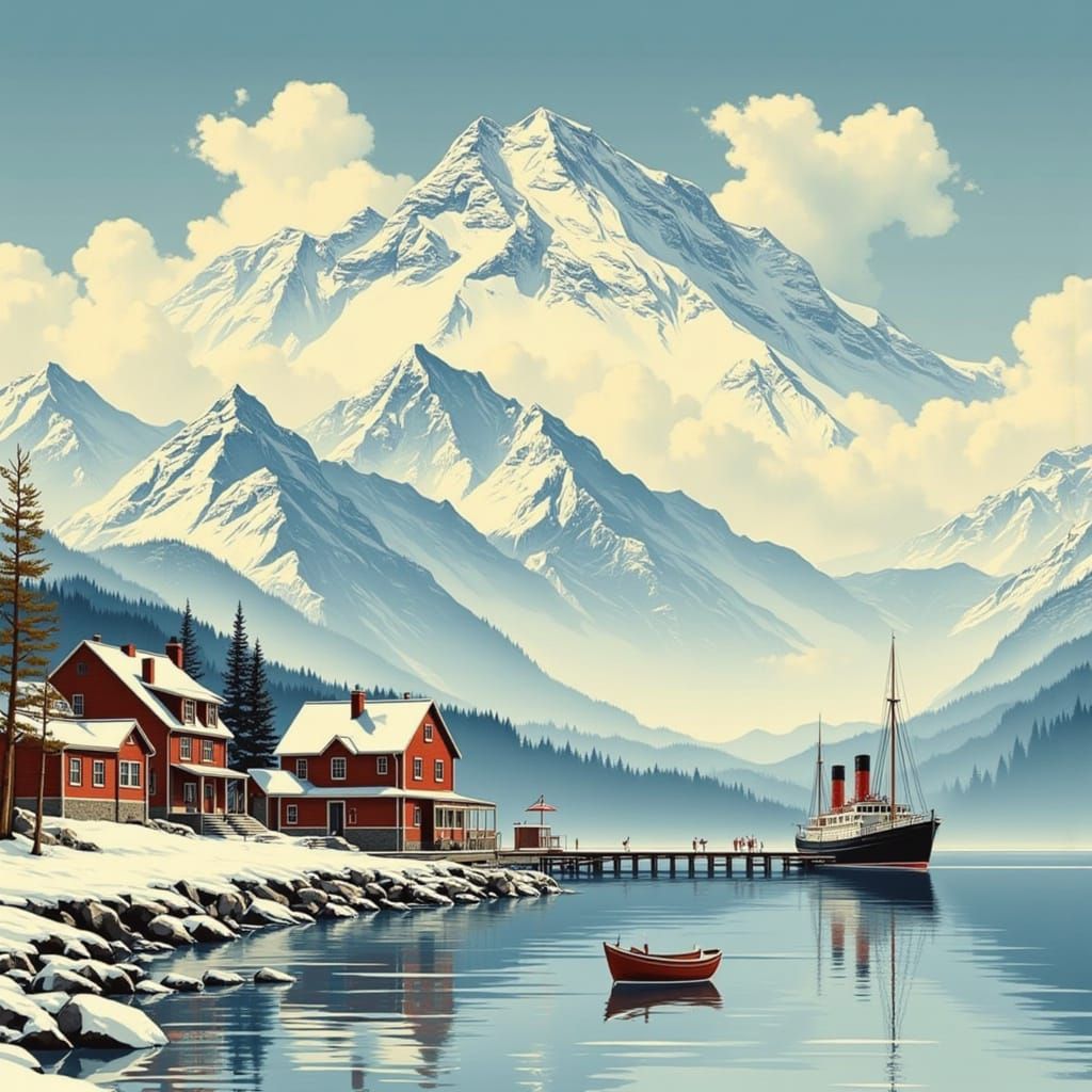 Vintage Alpine Travel Poster: Majestic Snow Peaks & Steamshi...