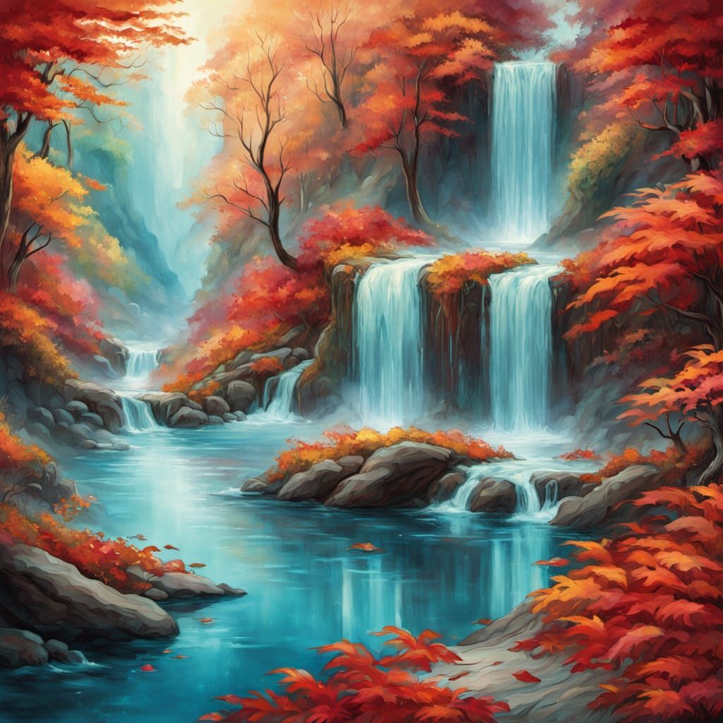 Art Nouveau Autumn Waterfall with Ethereal Sunlight