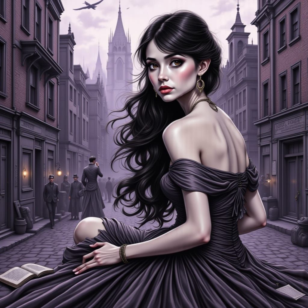 Elegant Woman Posing in Cityscape with Lilac Accent