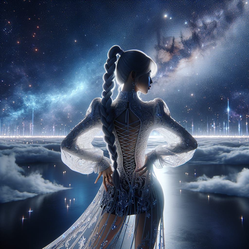 Stunning Night Sky with Korean Woman in Stained Glass Dress