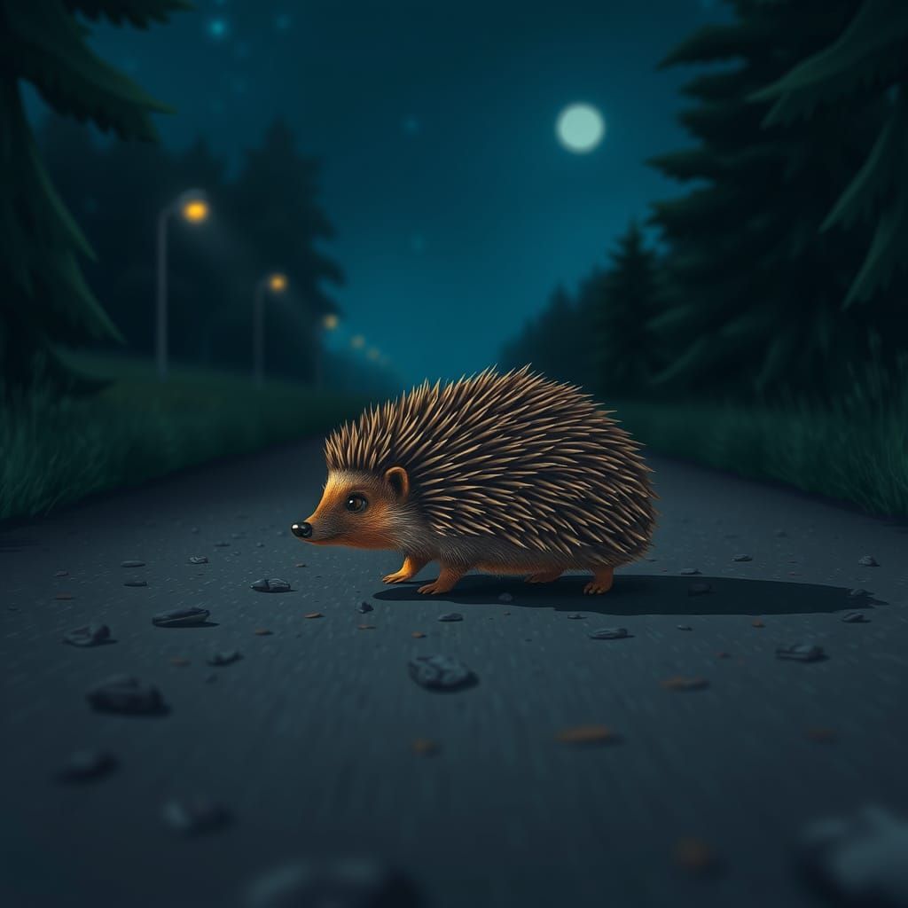 Hedgehog Crossing Road at Night