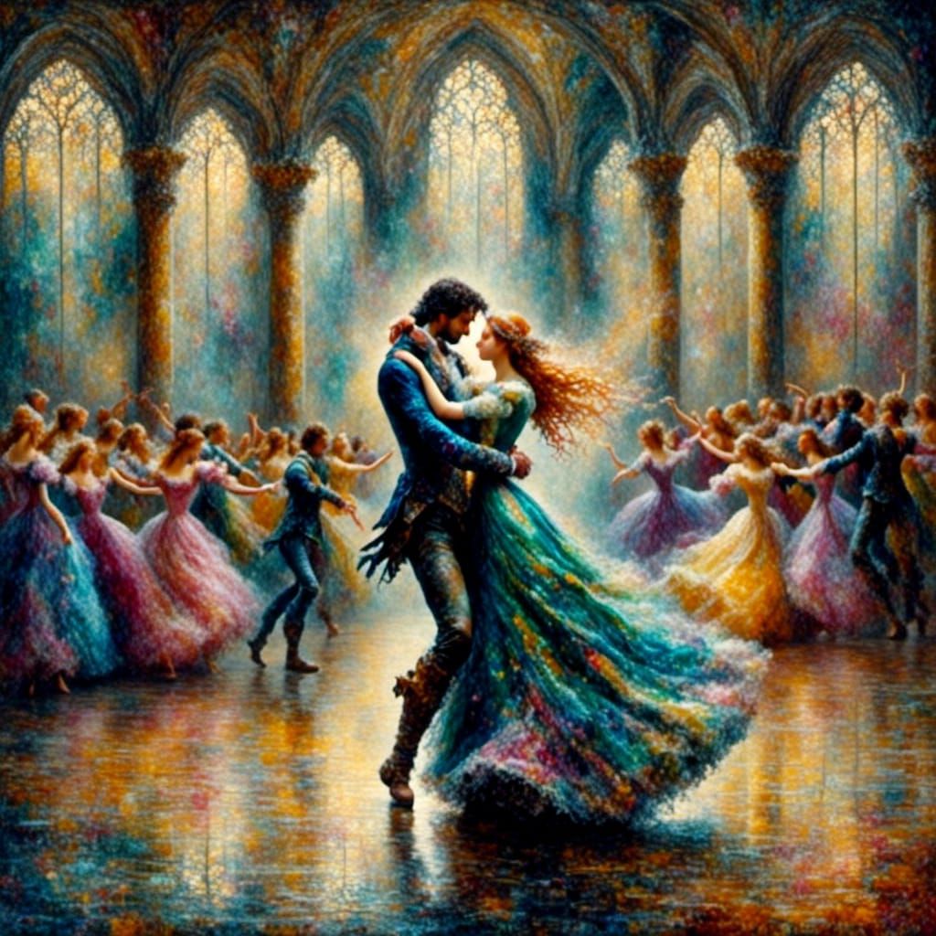 Pre-Raphaelite Couple Dancing in Ballroom, Liquid Pour Art