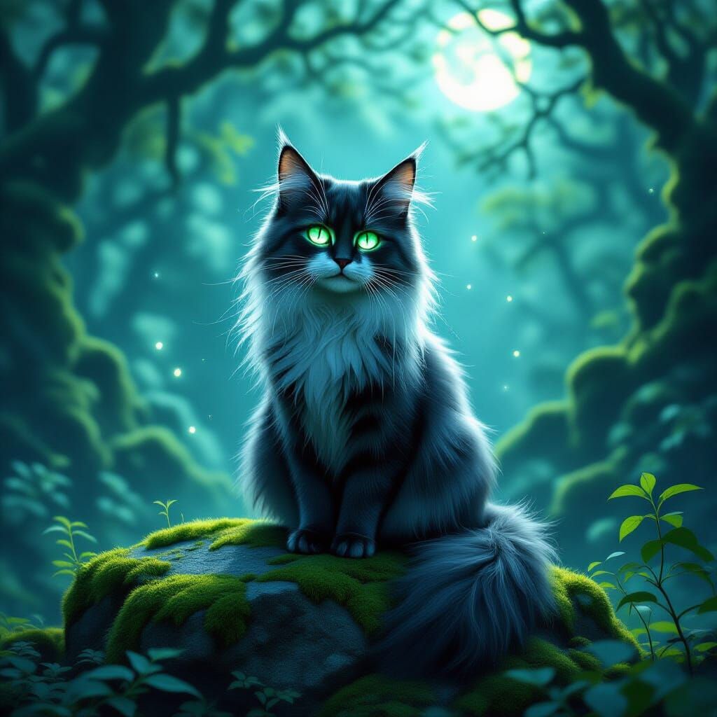 Mystical Cat With Glowing Emerald Eyes in Enchanted Forest