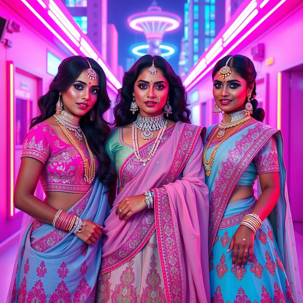 Neon Indian Goddesses in Vibrant Retro Futuristic Style