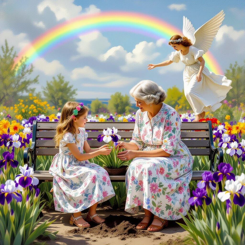 Grandmother and Granddaughter Planting Irises in Rainbow Gar...