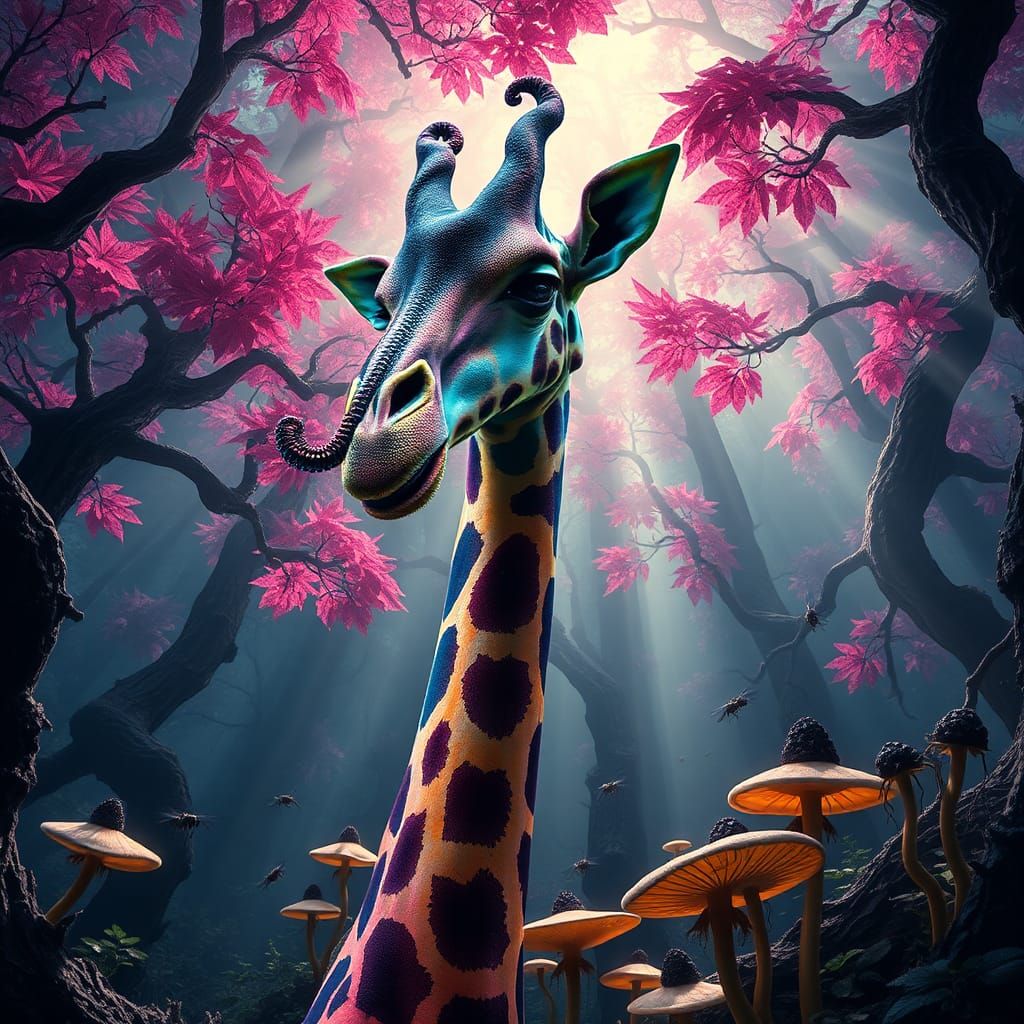 Surreal Rainbow Giraffe with Cthulhu Head in Eerie Forest