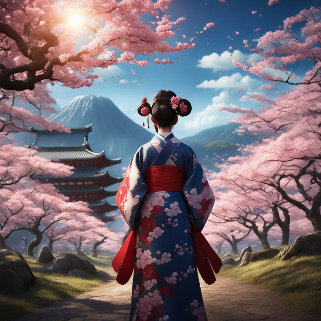 Japanese Woman in Cherry Blossoms: Fantasy Art