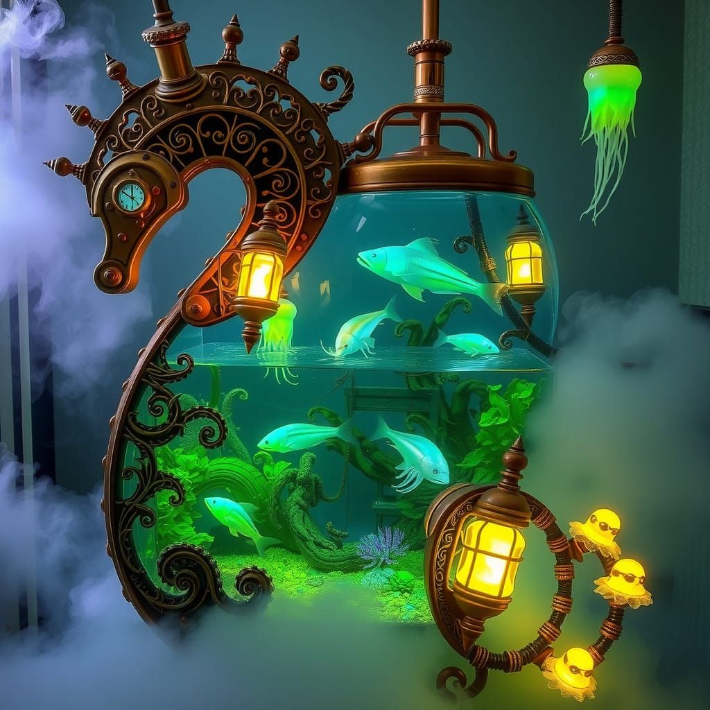 Steampunk Seahorse Aquarium with Bioluminescent Aliens