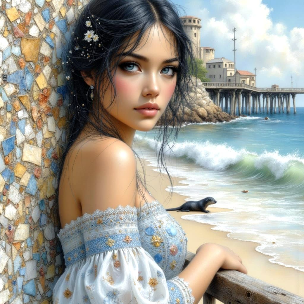 Woman in Spot Dress by Ornate Wall and Beach Boardwalk