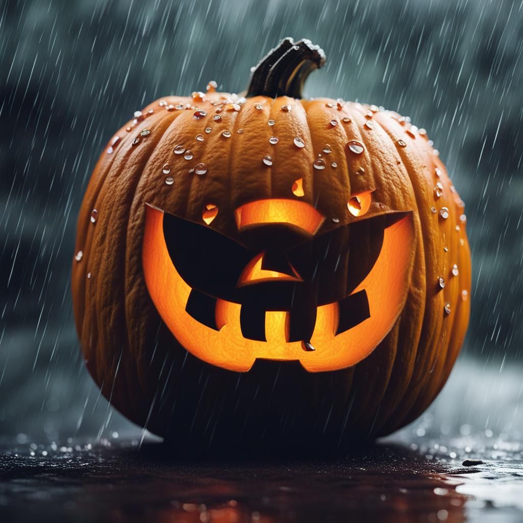 Halloween Pumpkin in the Rain