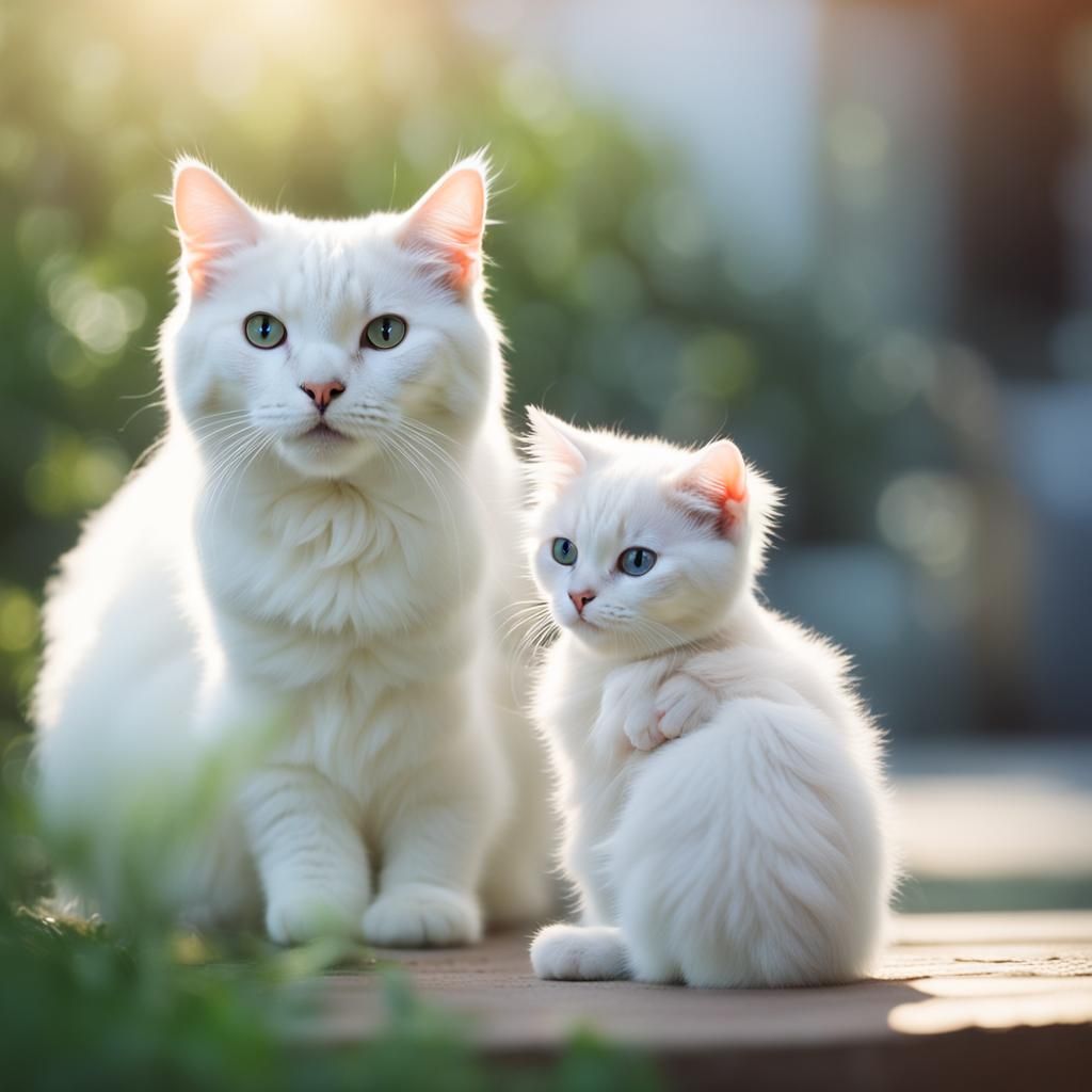 White Cat and Kitten in Natural Light Photo