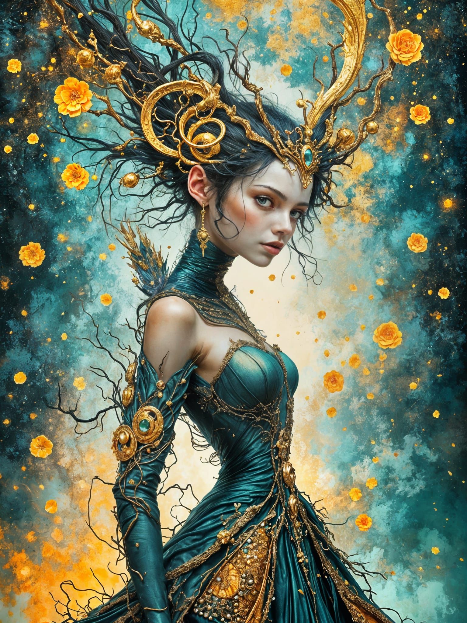 Opulent Queen in Jeweled Gown and Ballroom