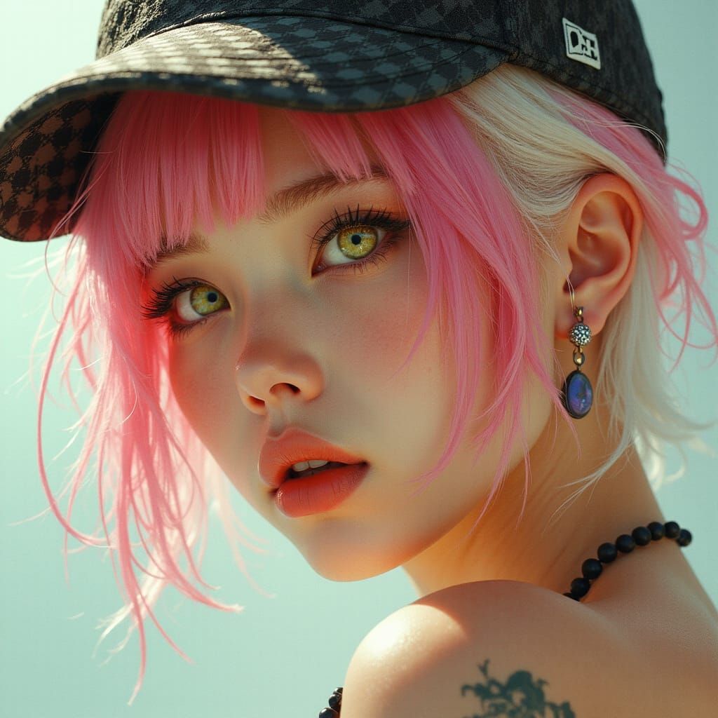 Korean Idol with Pink-White Hair and Neon Eyes