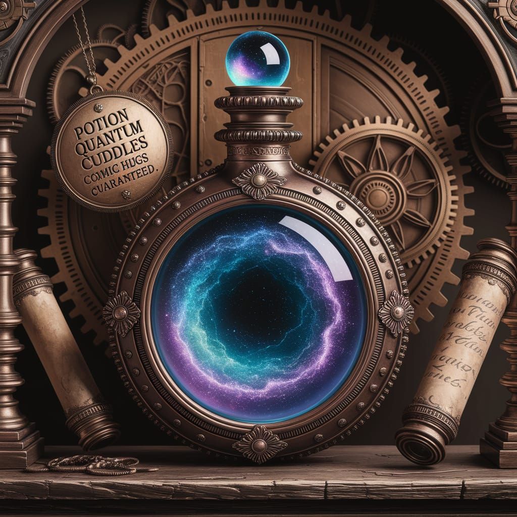 Ornate Nebula Bottle on Shelf - Steampunk Digital Art