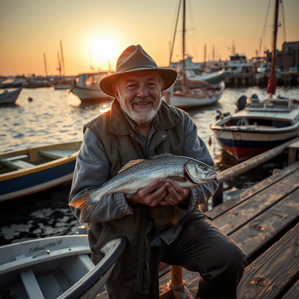 Fisherman's Joy: Photorealistic Portrait at Sunrise