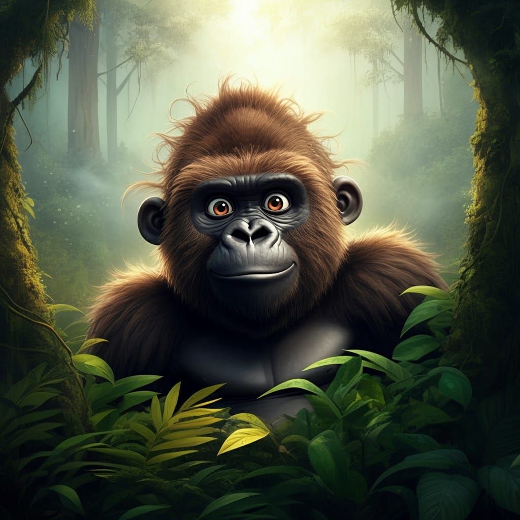 whimsical painterly, of a comical caricature of a brown gori...