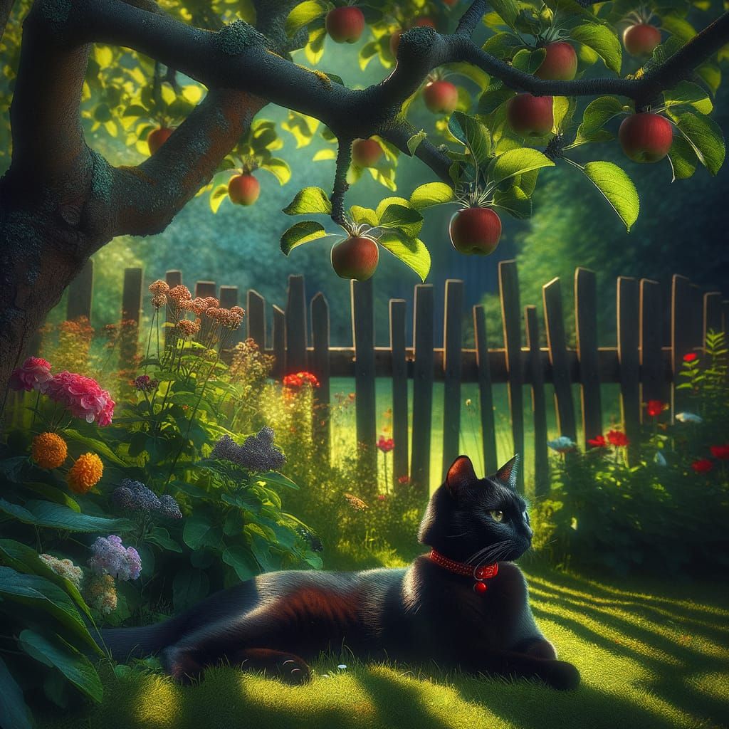 Black Cat Lounging in a Summer Garden