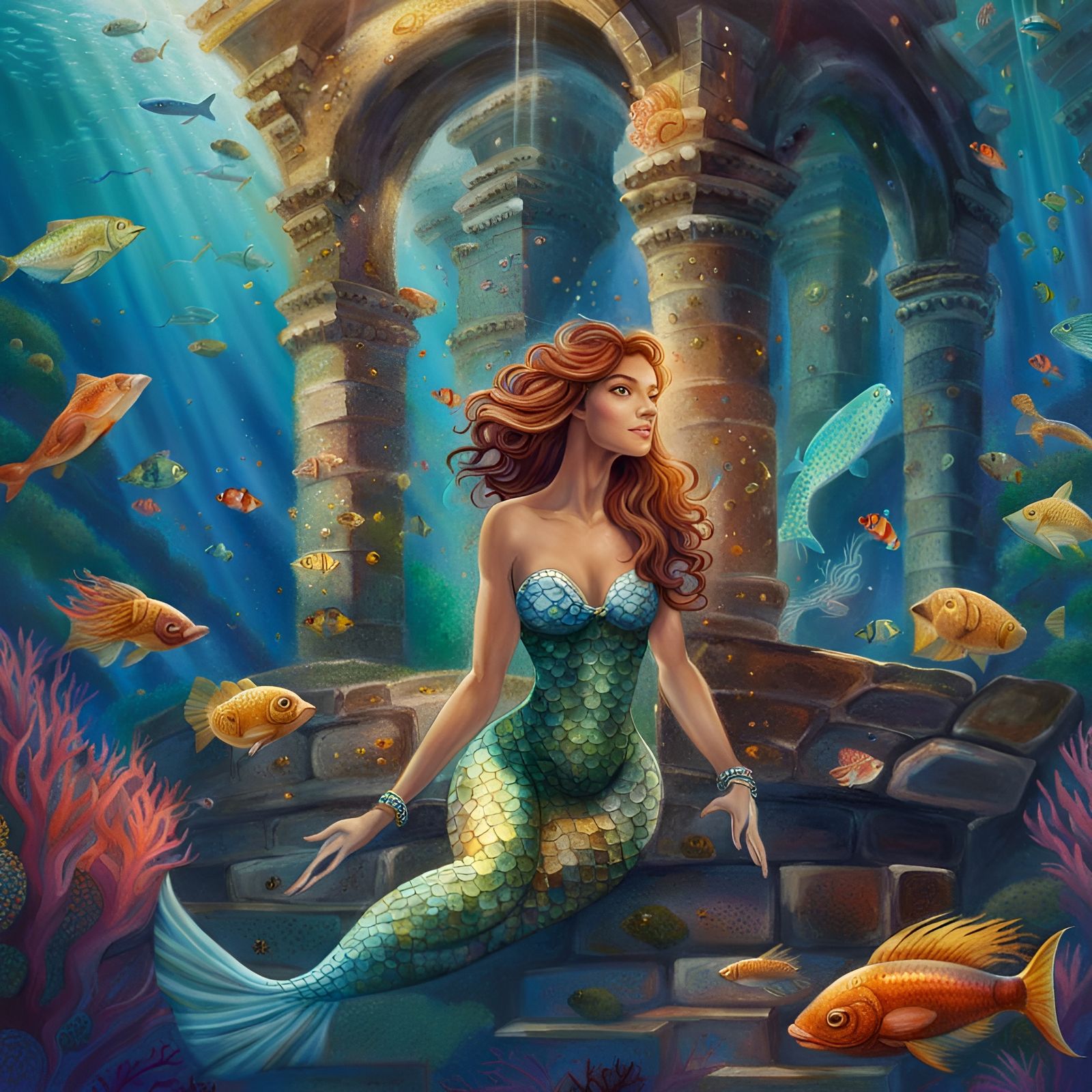 4-Mermaid swimming underwater, detailed correct hands, dappled shimmering light, background colorful fish and coral, und...