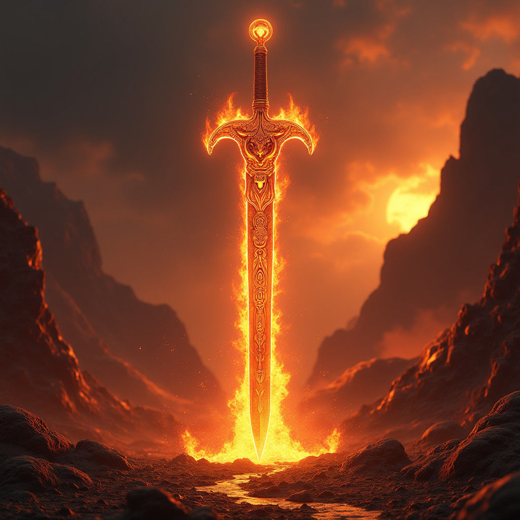 Flaming Sword of Aries in a Fiery Landscape