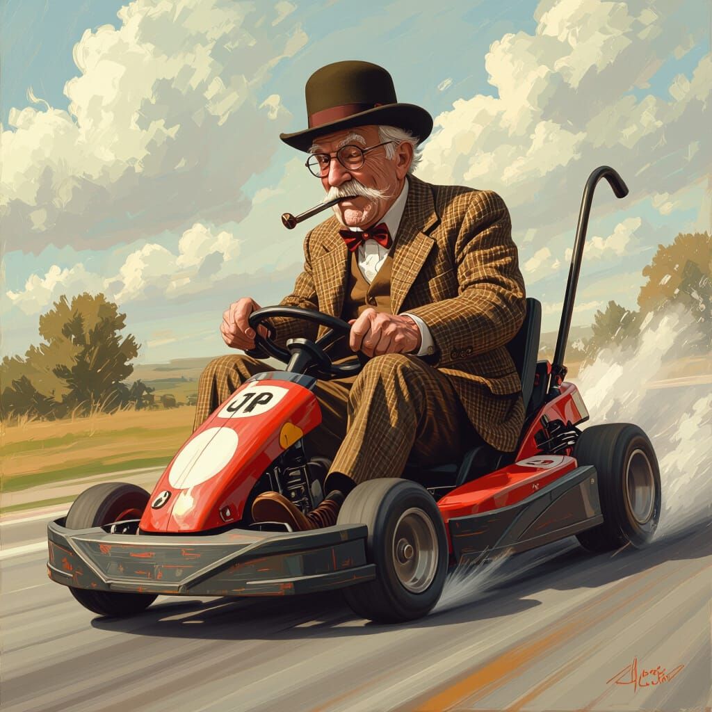 Old Man Go-Karting in Dreamlike Matte Painting Style