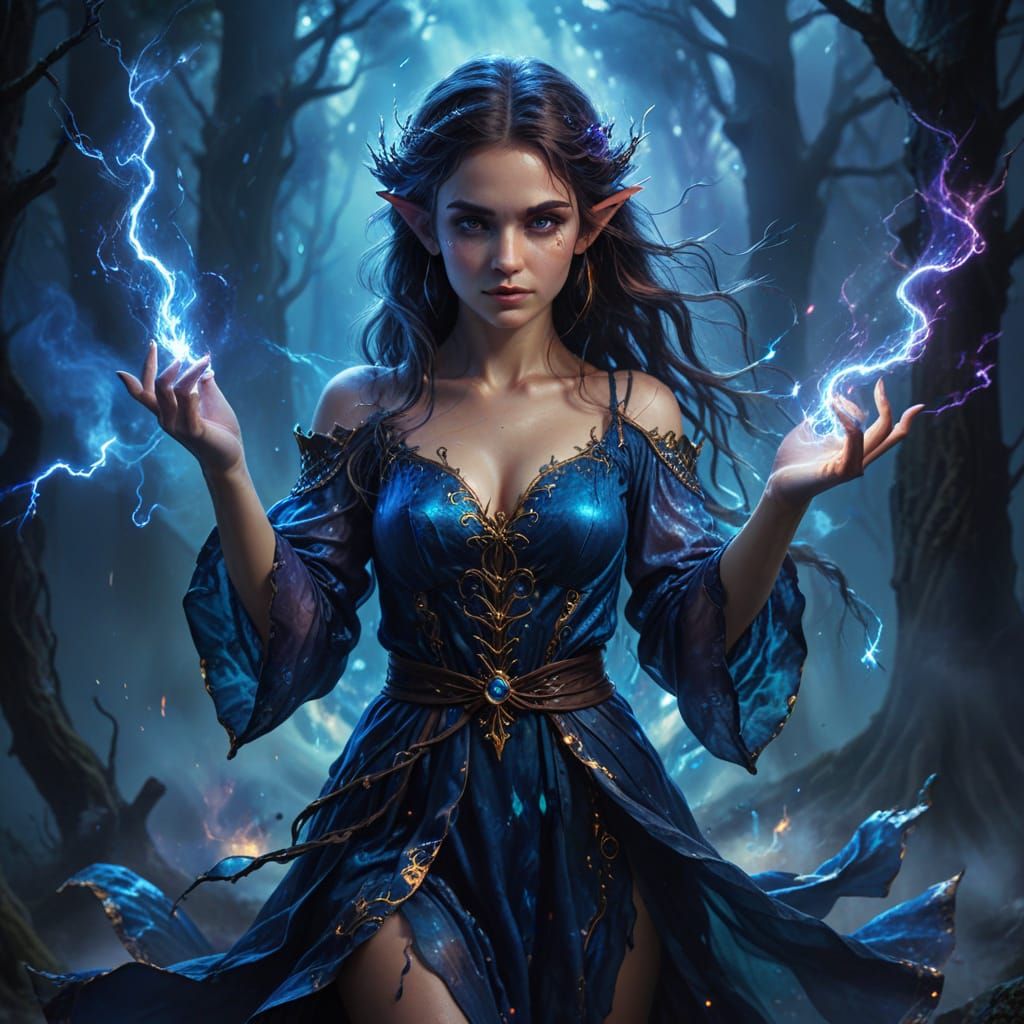 Magical Elf Wizard Portrait with Blue Lightning
