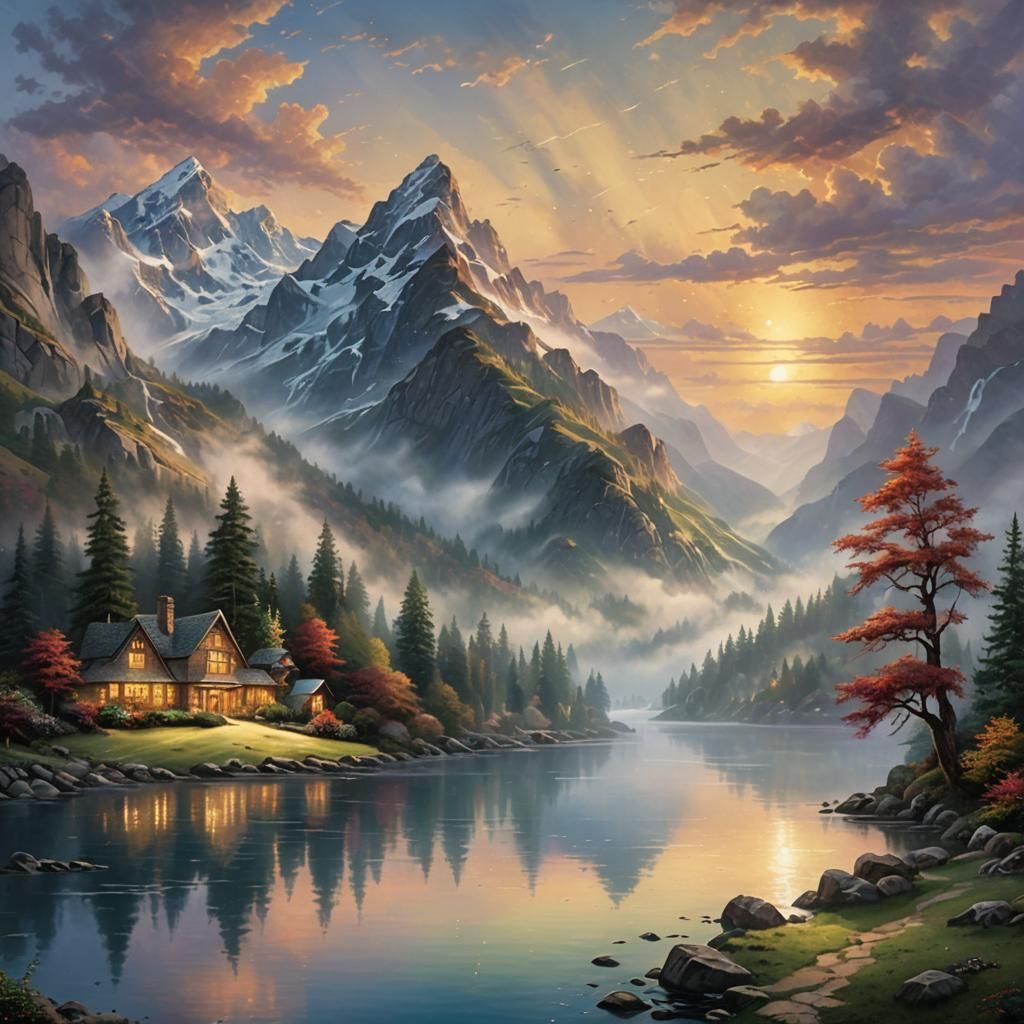 Ethereal Mountain Sunset Lake in Fantasy Style