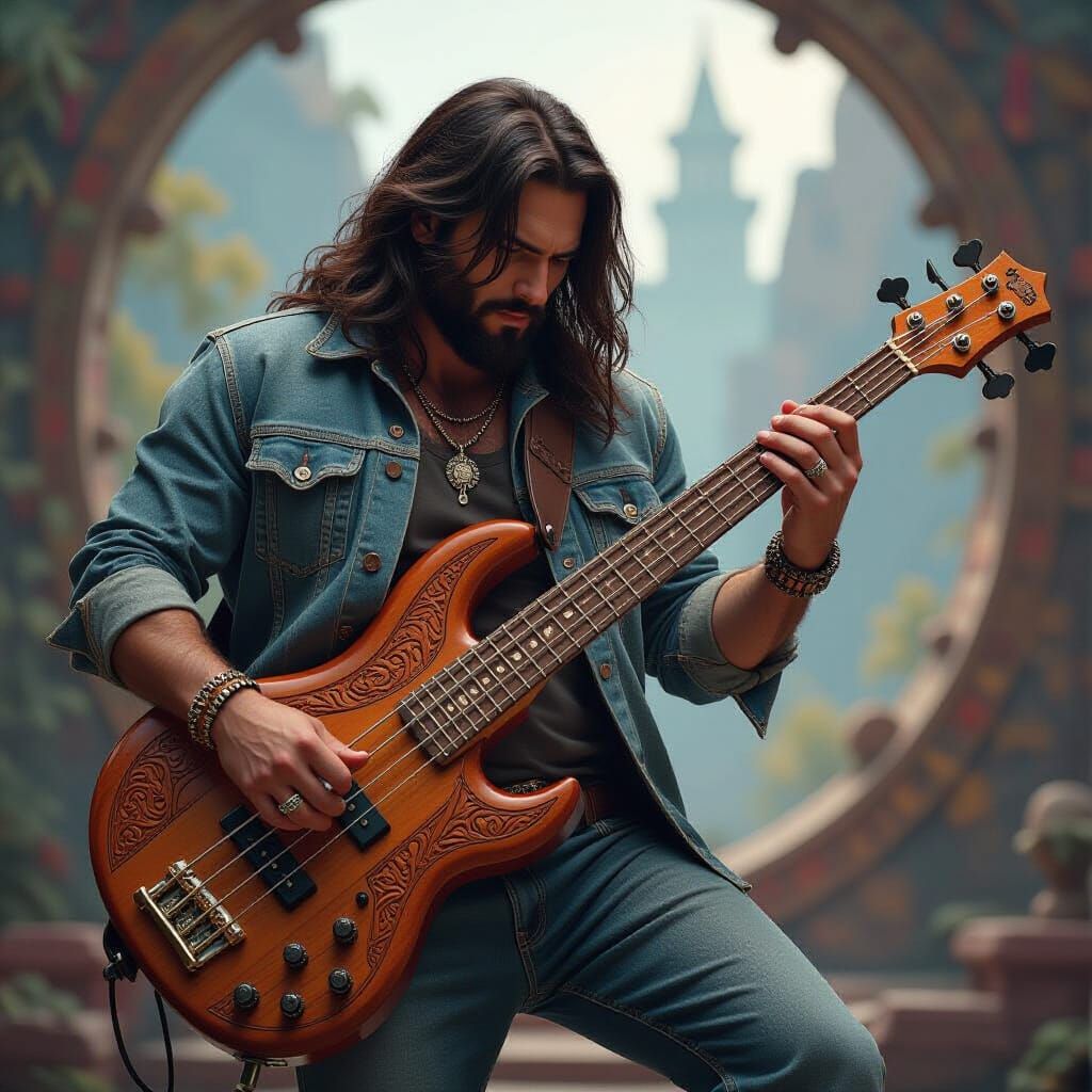 Fantasy Musician Plays Bass Guitar in Matte Painting Style