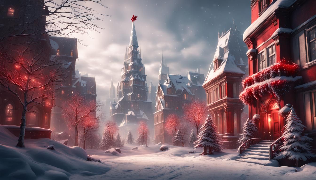Snowy City Christmas Tree in Detailed Matte Painting