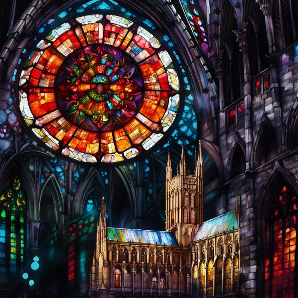 Canterbury Cathedral, stained glass, splash art, spray paint, oil gouache melting, acrylic, high contrast, colorful poly...