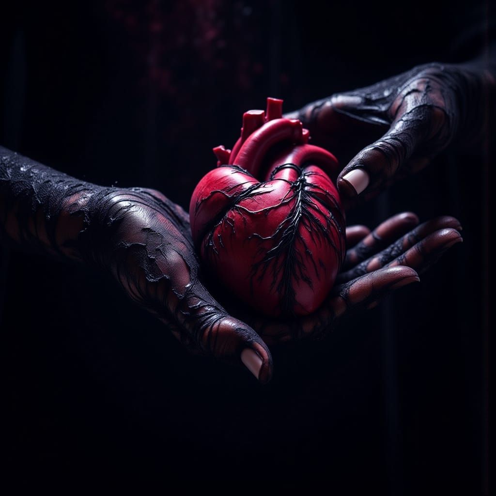 Laced Hand Gently Holds Heart in Dark Room