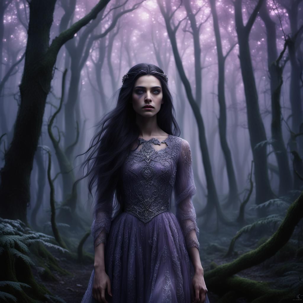 Girl in Fog Dress in Dewy Forest: Digital Painting